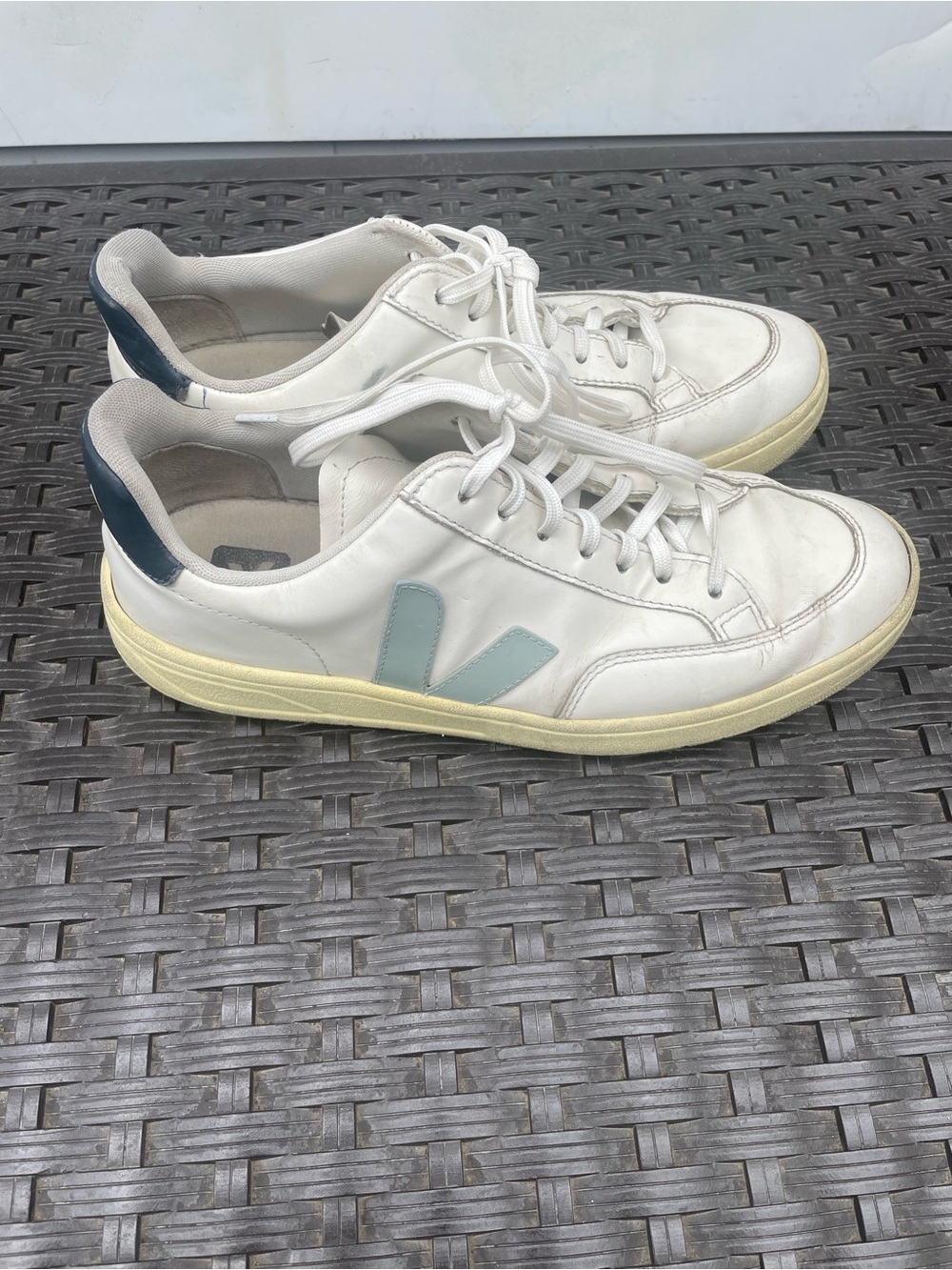 Women’s Veja V-12 White Low-Top Sneakers with Light Blue Accent Size 10